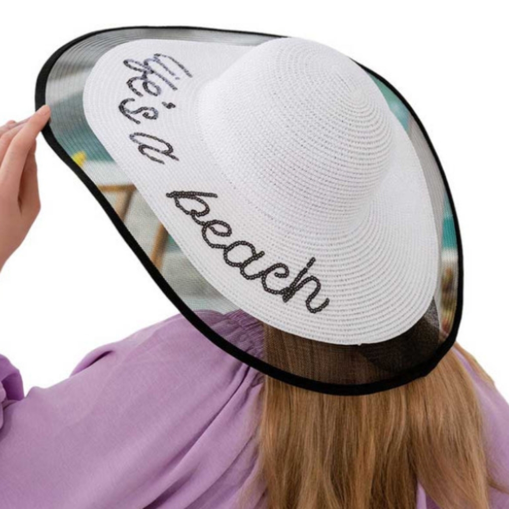 Life's a Beach Sequins Wide Brim Straw Hat with black mesh trim